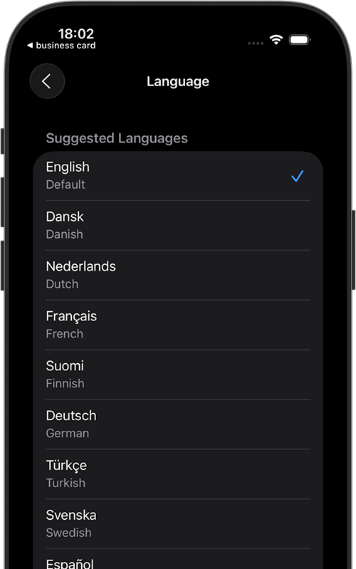 Language settings screen in business card SimpleApp
