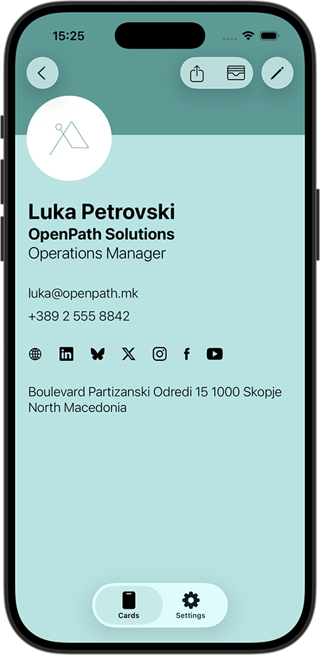 business card SimpleApp app screenshot showing a digital business card preview