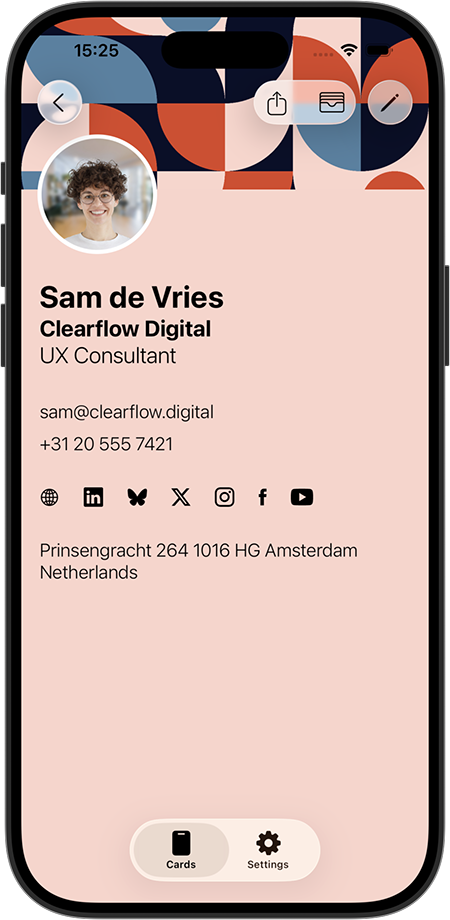 business card SimpleApp app screenshot showing customization options