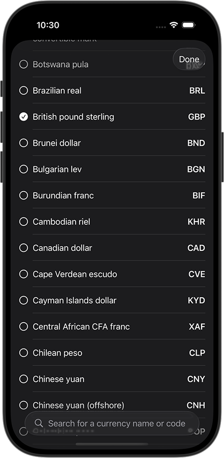 currency SimpleApp app screenshot showing currency list and search in light mode