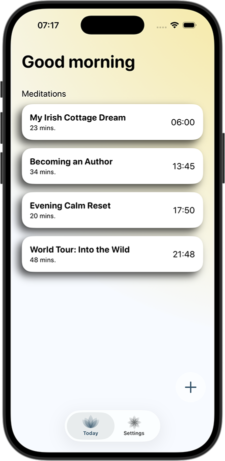 Morning meditation list view with soft background and scheduled sessions