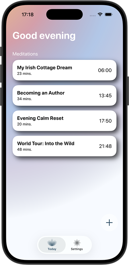 Evening meditation list with warm gradient background and session cards