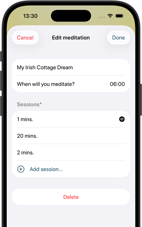 Edit meditation screen showing session timing, multiple phases, and simple controls
