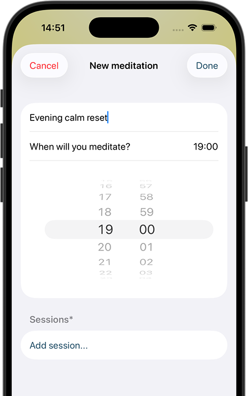 Create new meditation screen with session name, scheduled time, and session setup